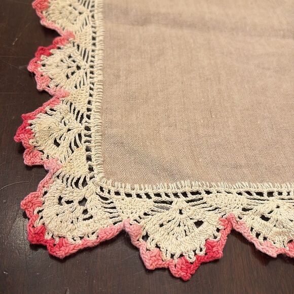 Vintage Taupe Table Runner Doily with Pink Crochet Edges - Picture 2 of 5